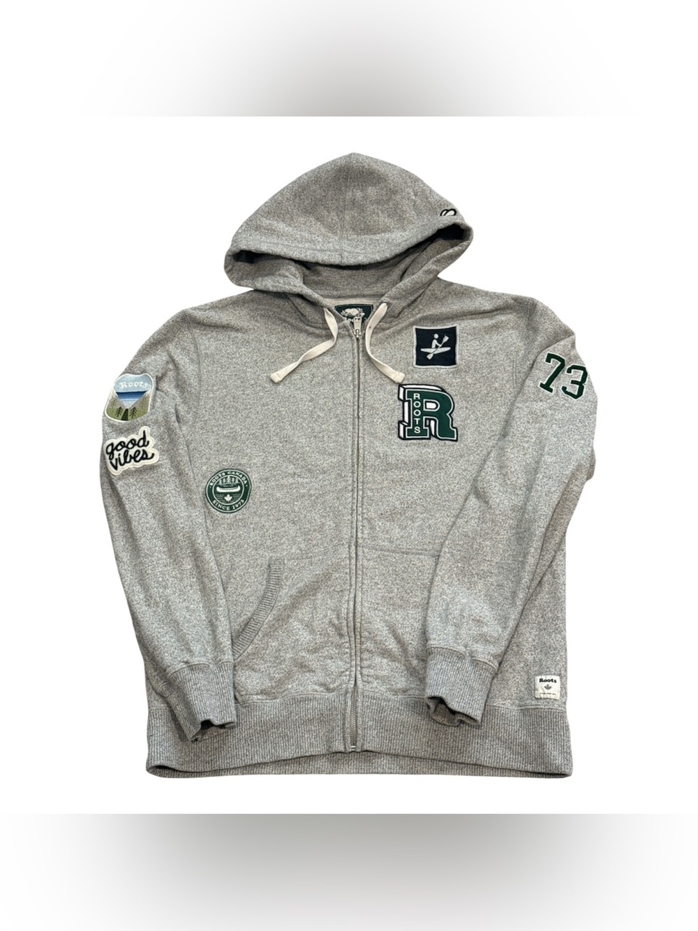 Roots Embroidered Full Zip Gray Long Sleeve Hoodie Sweatshirt Mens Size Small